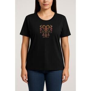 PERUVIAN CONNECTION Black Embroidered Pima Cotton T-Shirt XL Peru